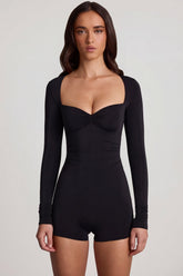 Soft Jersey Sweetheart Long-Sleeve Mini Playsuit in Black