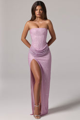 Embellished Bandeau Cowl-Waist Maxi Dress in Lavender