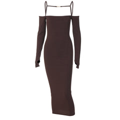 Voguable Ribbed Solid Slash Neck Slip Long Sleeves Bodycon Mini Dress Elegant Streetwear Evening Party Y2K