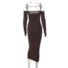 Voguable Ribbed Solid Slash Neck Slip Long Sleeves Bodycon Mini Dress Elegant Streetwear Evening Party Y2K