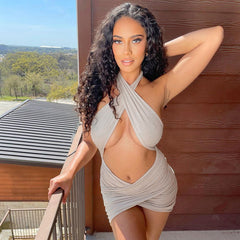 Voguable Halter Hollow Out Mini Dress Streetwear Outfits Solid Club Y2K Clothing