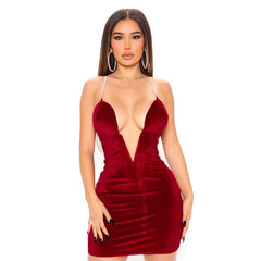 Voguable Velvet Sleeveless Deep V Neck Metal Slip Mini Dress Evening Party Elegant Streetwear Y2K