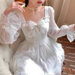 Voguable French Sweet Fairy Lolita Dress Long Sleeve Lace Y2K Mini Dress Vintage Kawaii Clothes One Piece Dress