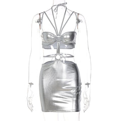 Voguable Solid Sleeveless Bodycon Halter Hollow Out Mini Dress Streetwear Outfits Y2K