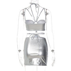 Voguable Solid Sleeveless Bodycon Halter Hollow Out Mini Dress Streetwear Outfits Y2K