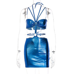 Voguable Solid Sleeveless Bodycon Halter Hollow Out Mini Dress Streetwear Outfits Y2K
