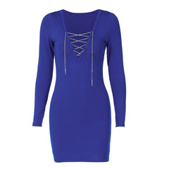 Voguable Diamond Bandage Pure Color V Neck Skinny Mini Dress Bodycon Party Streetwear Concise Y2K