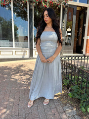 Heather Grey Strapless Ruched Maxi Dress