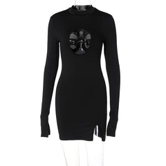 Voguable Long Flare Sleeve O Neck Bodycon Hollow Out Mini Dress Winter Outfit Y2K Slim Streetwear
