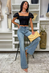 Paint The Town Zipper Knit Puff Sleeve Top (Black)