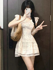 Voguable Y2k Coquette White Lolita Sweet White Kawaii Cute Mini Dress Lace Bow Princess Slip Lace Short Dresses Fashion