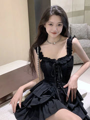 Voguable Slip Lolita Style Black Dress Vintage Sleeveless Y2K Mini Dress Slim Sweet Korean Lace Up Cake Dress New