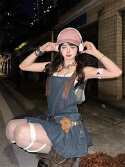 Voguable 2000s Vintage Denim Y2k Mini Dress Elegant Jean Strap Dress Casual Streetwear Sleeveless Dress Korean Chic