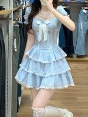 Voguable Sweet Kawaii Blue Plaid Dress Woman Lolita Lace Y2k Mini Dress Short Party Elegant One Piece Dress Korean Fashion