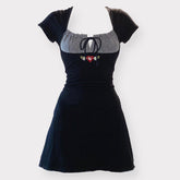 Voguable Vintage Kawaii Bow Embroidery Mini Dress Patchwork Square Collar Short Sleeve Black Dress Retro Y2K Aesthetic Fairy Clothes