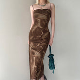 Voguable Brown Fairy Mini Dress 90s Vintage Spaghetti Strap Ruffles Short Dress Lace Boho Party Holiday Sundress Y2K Streetwear