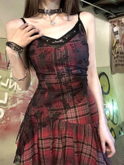 Voguable Grunge Aesthetic Y2k Plaid One Piece Dress Slim Vintage Lace Mini Dresses Party Mesh Casual Harajuku Clothing