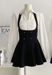 Voguable Y2K 3 Piece Set Cropped Coat + Long Sleeve Shirt + High Waist Halter Ruffles Mini Dress Korean Chic Outfits