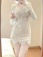 Voguable Elegant Lace Clothing Suit Woman Korean 2 Piece Set Slim Y2k Mini Dress + Casual Short Cardigan Office Lady