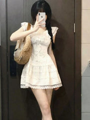 Voguable Y2k Coquette White Lolita Sweet White Kwaii Cute Mini Dress Lace Bow Princess Slip Lace Short Dresses Fashion