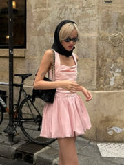 Spring New Pink Sweet Mini Dress Women Square Collar Sleeveless Short A-line Vestidos Elegant Fashion Casual Female Dresses 2025