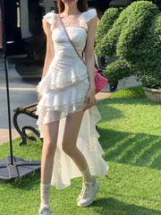 Voguable Y2k Vintage Mini Dress Irregular Korean Casual One Piece Dress FeTierred Elegant Chic Clothes New