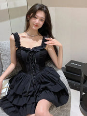 Voguable Slip Lolita Style Black Dress Vintage Sleeveless Y2K Mini Dress Slim Sweet Korean Lace Up Cake Dress New