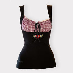 Voguable Vintage Kawaii Bow Embroidery Mini Dress Patchwork Square Collar Short Sleeve Black Dress Retro Y2K Aesthetic Fairy Clothes