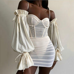 Voguable Spaghetti Strap Long Lantern Sleeves Ruched Mini Dresses Woman Y2k Mesh Vintage Dress Club Party Vestidos