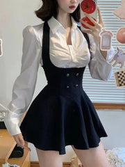 Voguable Y2K 3 Piece Set Cropped Coat + Long Sleeve Shirt + High Waist Halter Ruffles Mini Dress Korean Chic Outfits