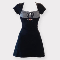 Voguable Vintage Kawaii Bow Embroidery Mini Dress Patchwork Square Collar Short Sleeve Black Dress Retro Y2K Aesthetic Fairy Clothes