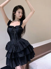 Voguable Slip Lolita Style Black Dress Vintage Sleeveless Y2K Mini Dress Slim Sweet Korean Lace Up Cake Dress New