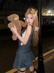 Voguable 2000s Vintage Denim Y2k Mini Dress Elegant Jean Strap Dress Casual Streetwear Sleeveless Dress Korean Chic