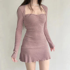 Cute Coquette Pink A-line Mini Dress Fairycore Sweet Full Sleeve Square Collar Short Dresses for y2k