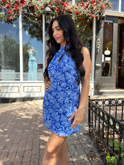 Tara Blue Leaf Twist Halter Mini Dress