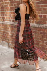Amelie Bow Front One Shoulder Midi Dress - Red Plaid