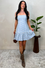 Good Luck Babe Embroidered Strapless Mini Dress (Lt Blue)