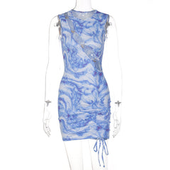 Voguable  Bandage Drawstrings Sleeveless Hollow Out Ruched Solid Bodycon Mini Dress  Streetwear Y2K Party Club