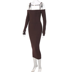 Voguable Ribbed Solid Slash Neck Slip Long Sleeves Bodycon Mini Dress  Elegant Streetwear Evening Party Y2K