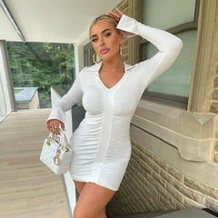Voguable Solid Pleated Polo Neck Long Sleeves Mini Dress Streetwear Y2K Elegant Wear