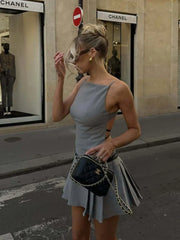 High Street Backless Bandage Pleated Dress Women Sexy Slit Sleeveless Bodycon Mini Dress 2025 New Summer Party Dress Streetwear