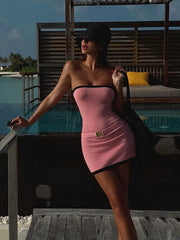 Sexy Knit Mini Dress Women Strapless Sleeveless Backless With Belt Slim Hip Package Dresses Female 2025 Spring Summer Lady Robe