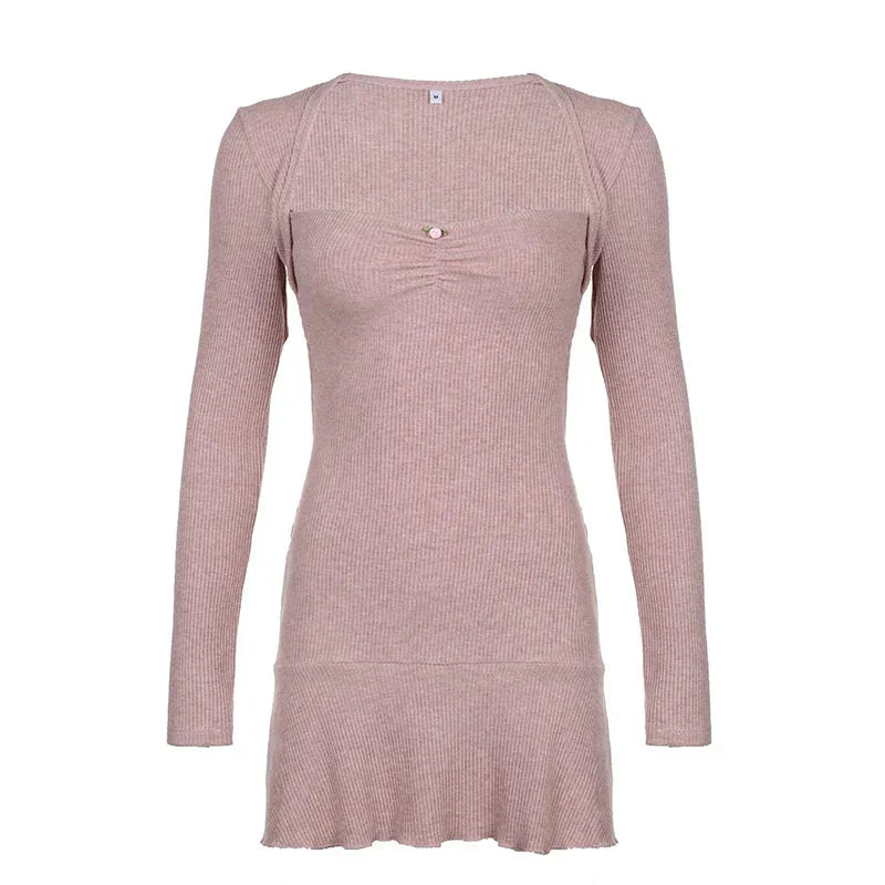 Cute Coquette Pink A-line Mini Dress Fairycore Sweet Full Sleeve Square Collar Short Dresses for y2k