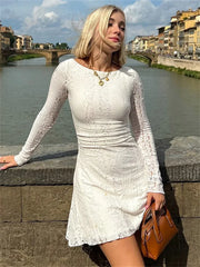 White Lace See-Through Mini Dress For Women Fashion High Waist Patchwork Slim Elegant Party Dress Gown Ladies Solid Dress