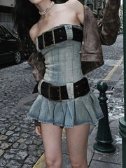 Vintage Y2k Strapless Denim Dress Bodycon Korean Kpop Belt Pleated Mini Dress 2000s Streetwear