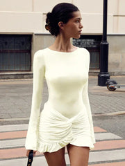 Ruffled Twist Skinny MIni Dress Long Sleeve Patchwork High Waist Party Dress FeY2k Bodycon Dress