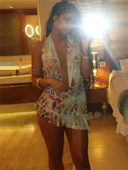 Summer Colourful Leopard Print Halter Mini Dress Beach Outfit Women 2024 Deep V-Neck Sexy Backless Irregular Party Dress