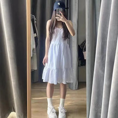 Voguable Vintage Girls Y2K Sweet Slim Striped Mini Dress Ladies Soft Cotton Cute Strapped Dresses for Chic Outfits