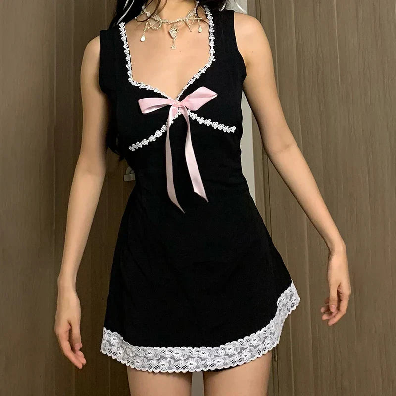 Voguable  Coquette Floral Lace Patchwork A-line Mini Dress Princess Square Collar Bow Decorate Sundress for Holiday Party Y2K