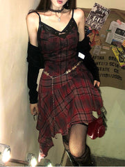 Voguable  Grunge Aesthetic Y2k Plaid One Piece Dress Slim Vintage Lace Mini Dresses Party Mesh Casual Harajuku Clothing
